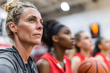 woman basketball coach and teenage girls basketball players. woman coach is standing in front of players
