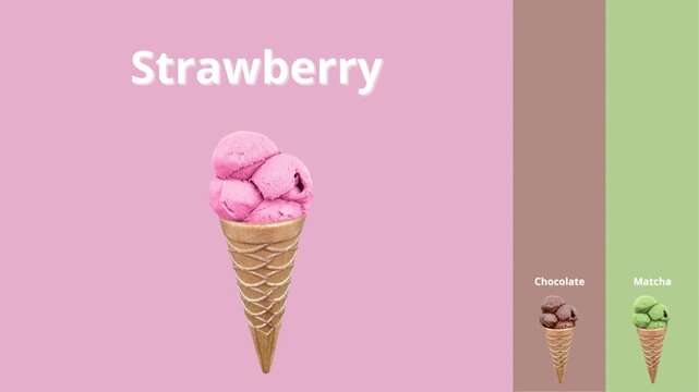 Various of ice cream in cone set on pink, green, and brown background. Strawberry, matcha, and chocolate ice cream video for advertising, social media, etc
