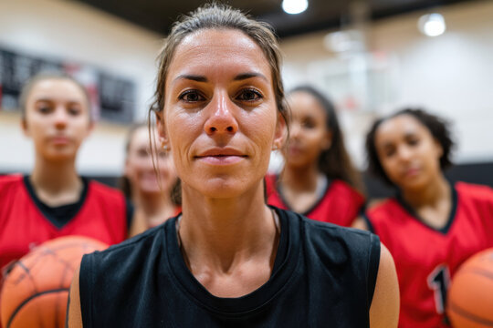 woman basketball coach and teenage girls basketball players. woman coach is standing in front of players