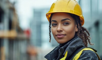 Black female builder working on a business construction site. African American architect contractor wearing safety goggles, protective uniform, and a yellow hardhat. Promoting jobs, Generative AI