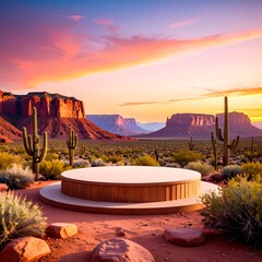 Empty stage in a desert landscape at sunrise