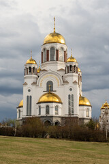 Summer Yekaterinburg and Temple on Blood in in beautiful clear sunset. Aerial view. Yekaterinburg,...