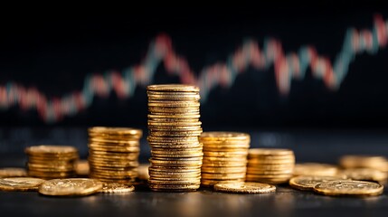 Stacks of golden coins against a background of a fluctuating stock market chart, representing financial growth, investment, and economic success.