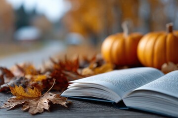 Open book is surrounded by autumn leaves and pumpkins on a wooden table, creating a cozy fall scene