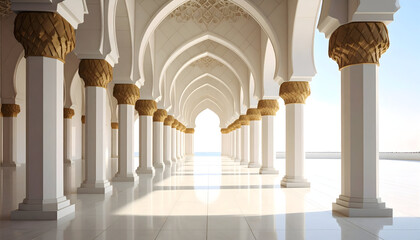 Elegant Architectural Interior Featuring White Columns Golden Capitals and Ornate Arches with Dramatic Lighting and Symmetry