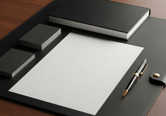 Elegant black stationery set with blank paper and pen on desk