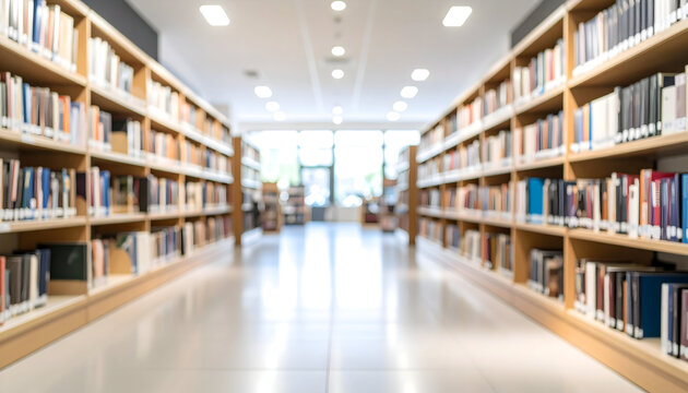 Blurred Library Interior View Of Bookshelves With Rows Of Books Wooden Shelves And Light At The End