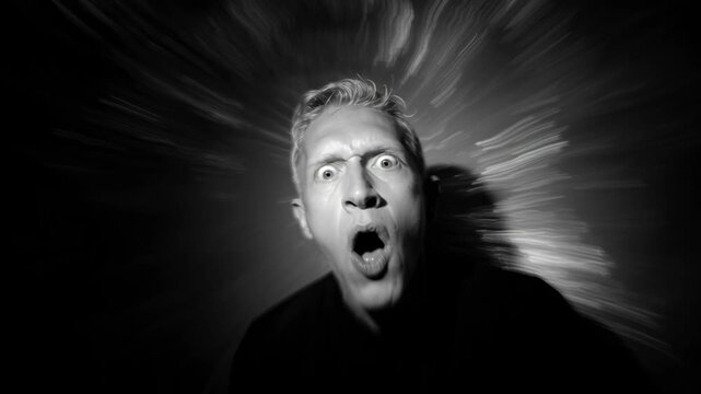 Strobe effect revealing scary silhouettes concept. A person screams in terror, surrounded by a dramatic blurred background.