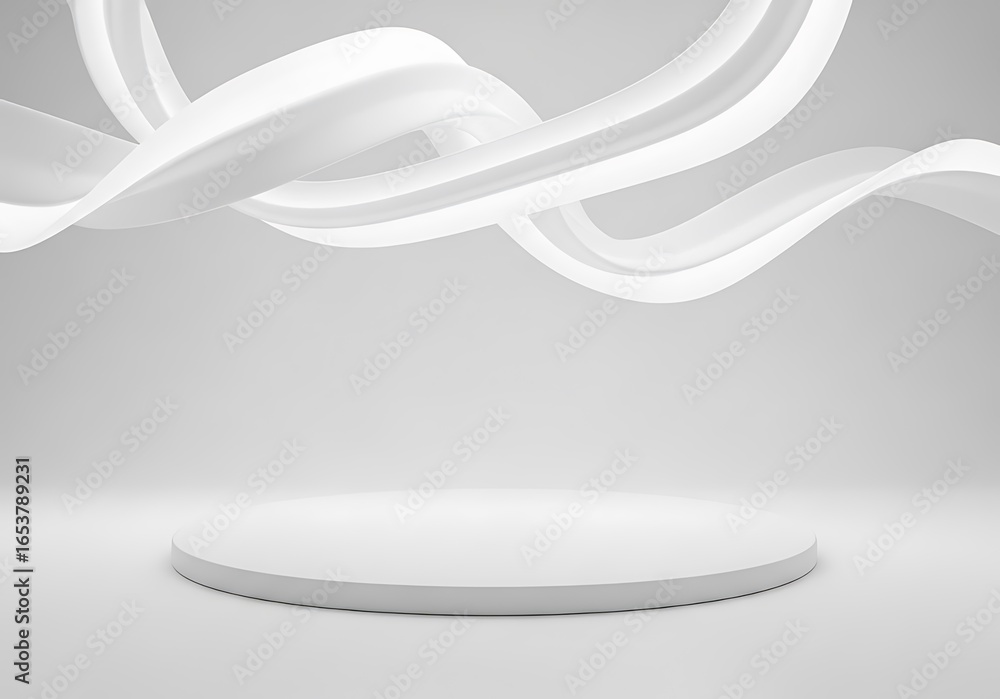 Poster minimalist white podium with flowing fabric creating a soft elegant abstract background for product 