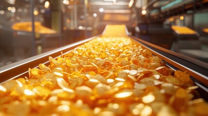 Golden cereal flakes on conveyor belt in food factory