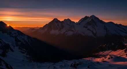 Snowy Mountain Range at Colorful Sunset in Scenic Landscape