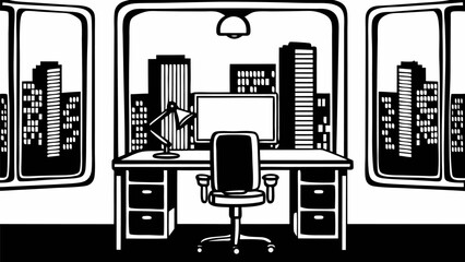 Illustration of an office interior with desk chair computer and city view through three windows silhouette