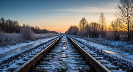 Fototapeta premium Snowy Train Tracks at Dawn Winter Landscape with Sunrise