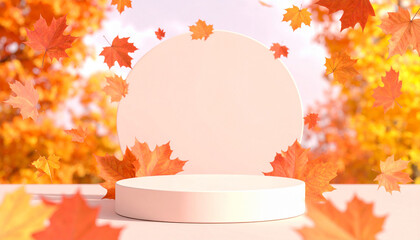 A product display platform surrounded by falling autumn leaves, with a warm, inviting atmosphere.