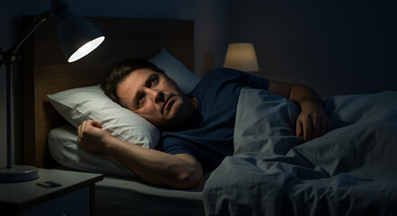 Young man lying in bed with eyes wide open suffering from insomnia and sleep disorder at night