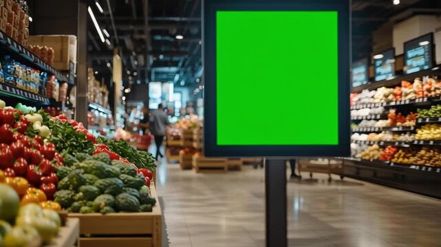 Green Screen in Grocery Store: An inviting grocery store scene with vibrant produce in the foreground and a prominent green screen display, ideal for showcasing advertising or information.