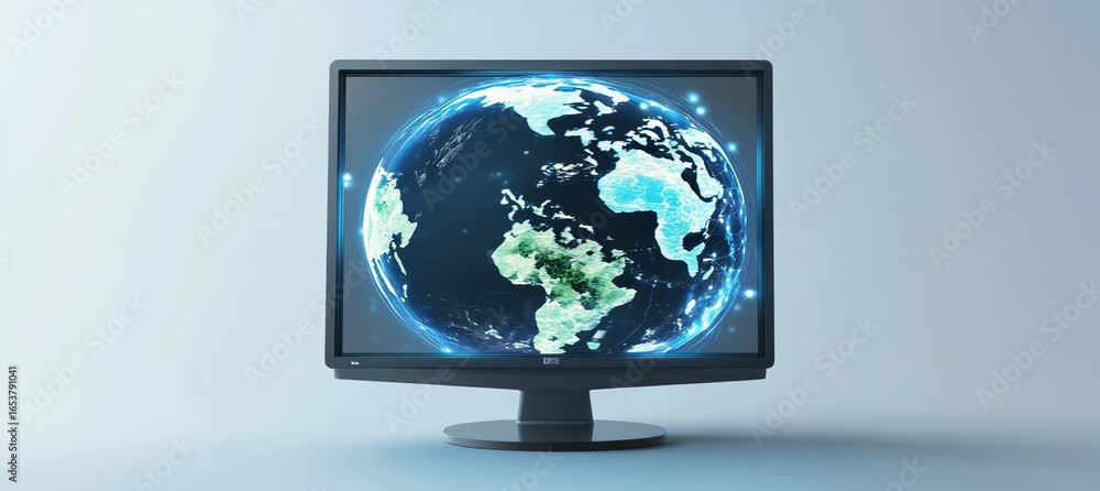 Poster digital earth planet rotating on computer monitor screen. global internet network telecom and commun