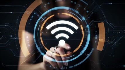 Woman Touches Wifi Icon on Futuristic Hud with Glowing Circle Network Interface and Digital Technology on Black Background - Powered by Adobe