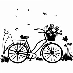 Obraz premium Vintage bicycle with a front basket filled with blooming flowers vector art 