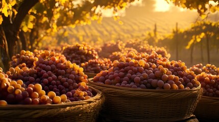 Golden hour harvest of red grapes in wicker baskets in vineyard