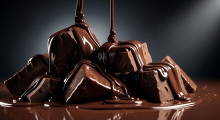 Indulge in rich, decadent chocolate chunks melting into smooth, glossy liquid for a luxurious dessert experience.
