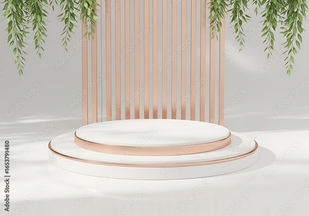 Poster elegant empty podium with hanging greenery and soft light for product display