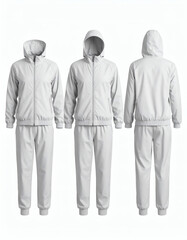 White tracksuit set with hooded jacket and pants, displayed from multiple angles on a plain white background, ideal for design mockups.