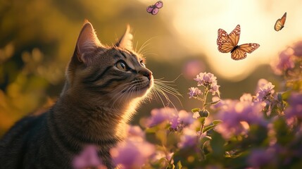 Golden hour tabby cat gazes at butterflies in a flower garden
