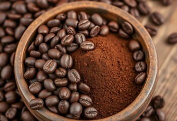 Fototapeta premium Close-up of dark roasted coffee beans and ground coffee in a rustic bowl, wood, still life