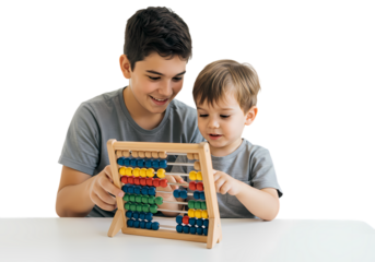 Two Brothers Learning with Colorful Abacus Educational Toy isolated on transparent background