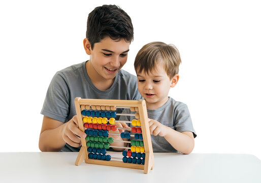 Two Brothers Learning with Colorful Abacus Educational Toy isolated on transparent background