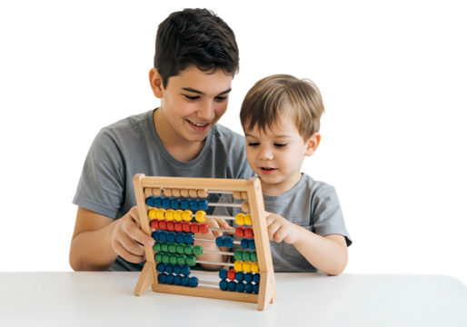 Two Brothers Learning with Colorful Abacus Educational Toy isolated on transparent background - Powered by Adobe