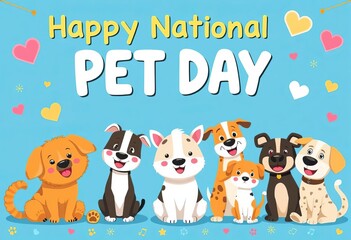 Fototapeta premium Cute cartoon animals celebrating National Pet Day on blue background, graphic design, colorful