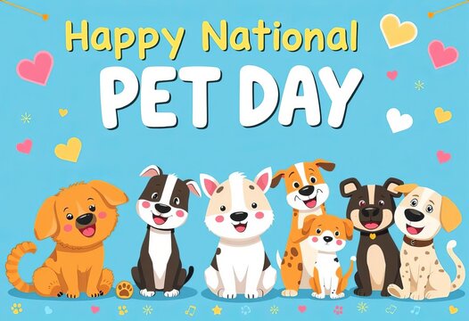 Cute cartoon animals celebrating National Pet Day on blue background,  graphic design,  colorful