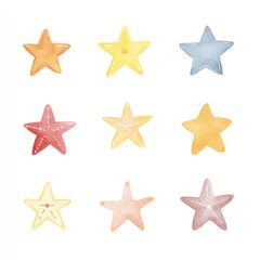 Pastel Starfish Watercolor Set Nine charming starfish icons in soft, dreamy colors, perfect for summer designs.