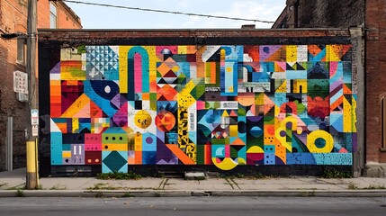 Vibrant geometric street art mural on a brick wall featuring bold colors and abstract shapes, showcasing urban creativity and colorful graffiti design.