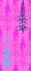Fireweed, Ivan-tea, Epil bium - meadow grass, flower, honey plant. Seamless textile pattern on a bright pink background. Floral pattern for summer dress fabrics, viscose, silk