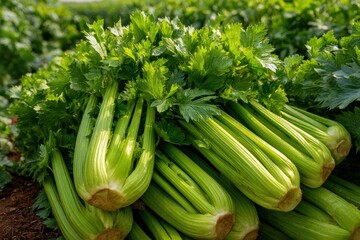 Obraz premium Celery Crop. Freshly Harvested Green Celery Stack in Sunny Plantation Field
