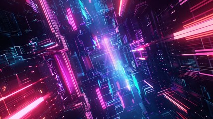 Abstract futuristic city with neon lights and geometric shapes creating a digital cityscape view