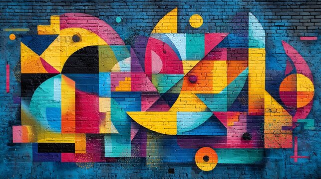 Vibrant geometric street art mural on a brick wall featuring bold colors and abstract shapes, showcasing urban creativity and colorful graffiti design.