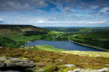 Dovestone Greenfield, landscape with lake and mountains