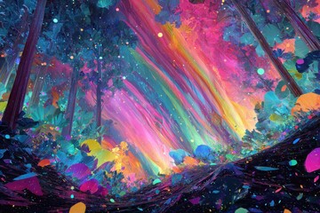 Obraz premium Chaotic World. Alien Landscape with Neon Gas Storms and Crystalline Trees in Vibrant Colors