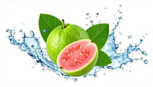 Vibrant green guava with water splash and leaves, isolated on white. Perfect for food, freshness, and health-themed projects.