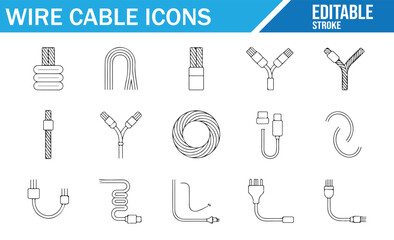 Wire Cable Icons Set: A collection of editable vector illustrations depicting various types of cables, connectors, and cords for technology, electronics, and digital projects. Ideal for device connect