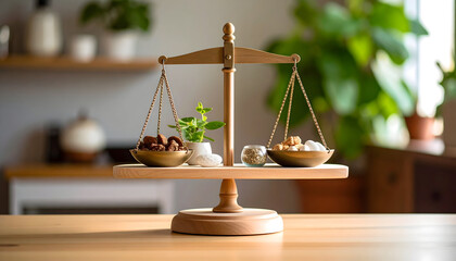 Golden Balance Scale with Plants and Various Items on a Wooden Table in a Bright Interior