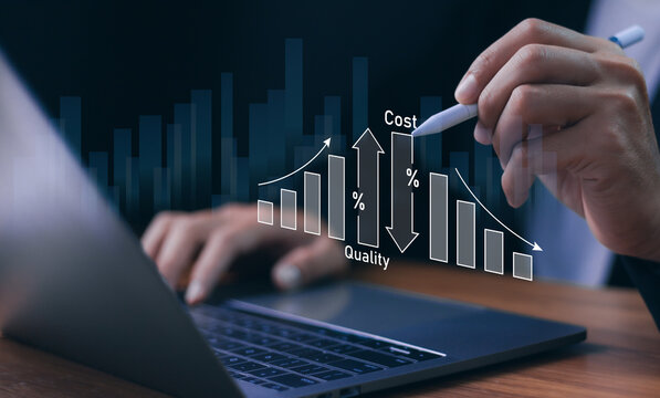 Cost reduction and quality improvement strategy. A businessman analyze a digital graph showing arrows Cost and Quality, business efficiency, process optimization, and strategic management.