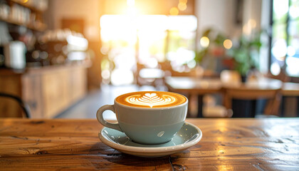 Cup of freshly brewed coffee with latte art on wooden table, soft morning sunlight