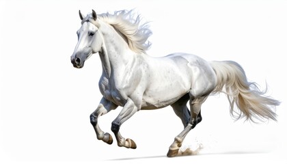 Obraz premium Stunning image of a white horse in motion, showcasing elegance and strength against a clean white backdrop.