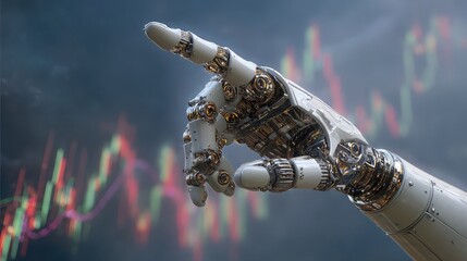 Robotic hand points to stock market data on a digital display screen