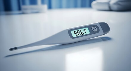 Digital thermometer displays 98.6 degrees Fahrenheit, showing normal body temperature for health check